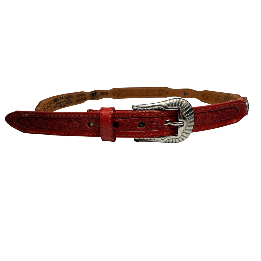 Silver Creek Collection Red Tooled Leather Western Heart Belt Made in USA 28 BH